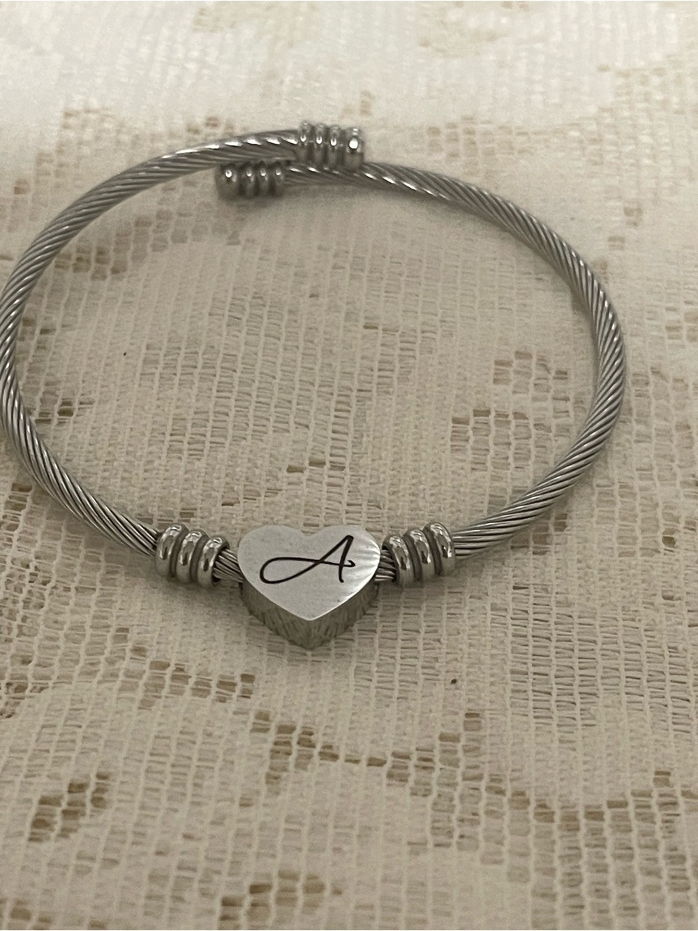 Personalized 'A' Heart Cable Bangle Bracelet - Silver